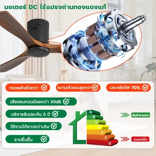 พัดลมเพดาน 42/52/60 นิ้ว ใบพัดไม้จริง ลมแรงนุ่ม DC มอเตอร์ ประหยัดไฟ เงียบ 6 สปีด รีโมท ตั้งเวลาได้ ห้องนอน ห้องนั่งเล่น