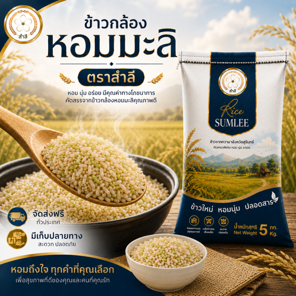ข้าวกล้องหอมมะลิสุรินทร์ 105 (5 กก.) ตราสำลี หอมละมุ่น หุงแล้วนุ่มทุกคำ ปลอดสาร / Brown Rice 5 kg. SUMLEE RICE