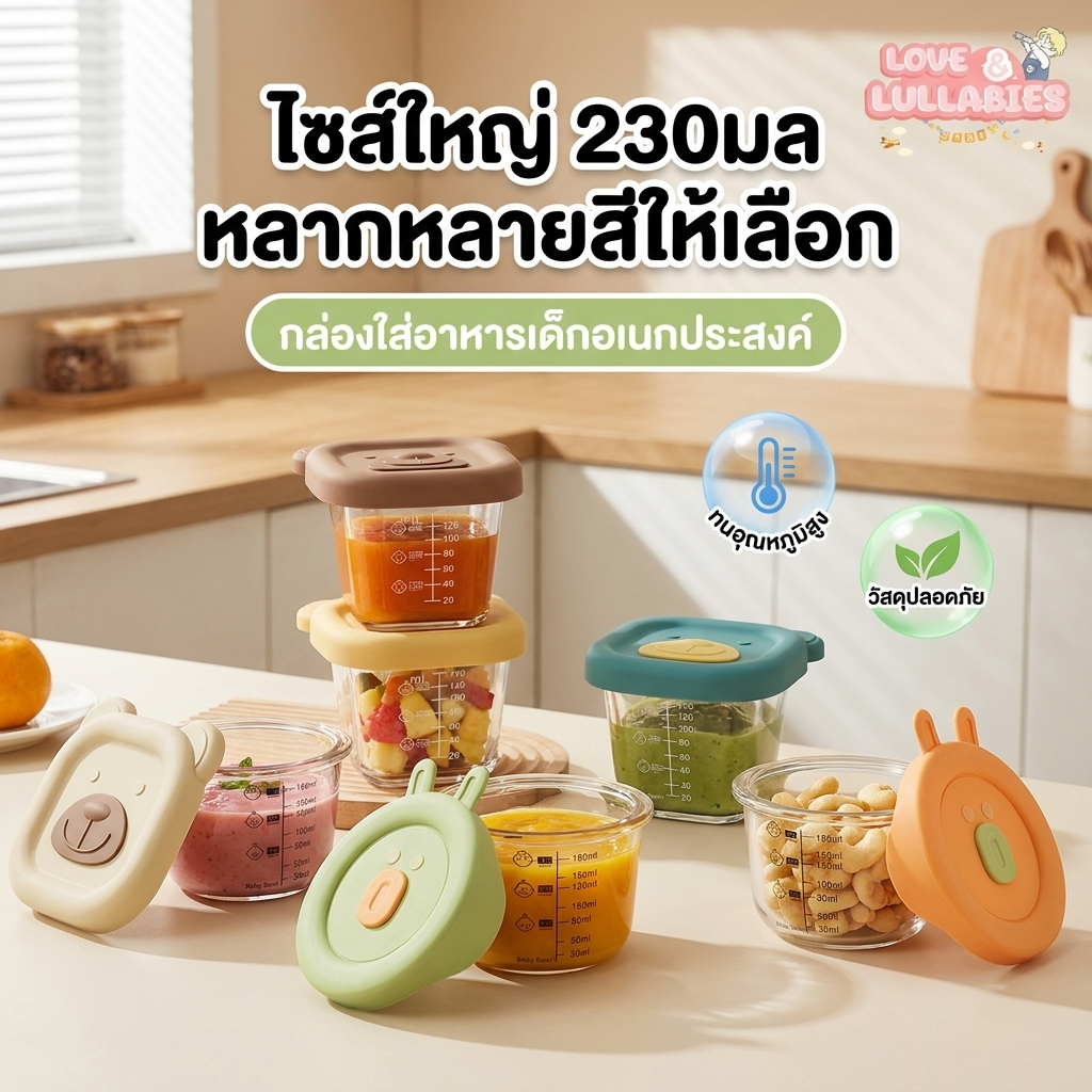 Love&Lullabies ถ้วยแก้ว ถ้วยเก็บอาหารเด็ก 230ml ฝาซิลิโคนพรีเมียม กล่องเก็บอาหารเด็ก เข้าไมโครเวฟได้ กล่องเก็บอาหารแก้ว