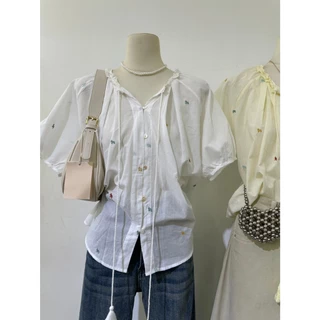 M2256 เสื้อเบลาส์ปักลายน่ารัก มินิมอลสุดๆ! งานน่ารักใส่สบาย ทรงคอผูกเชือกพู่ chic ชิค