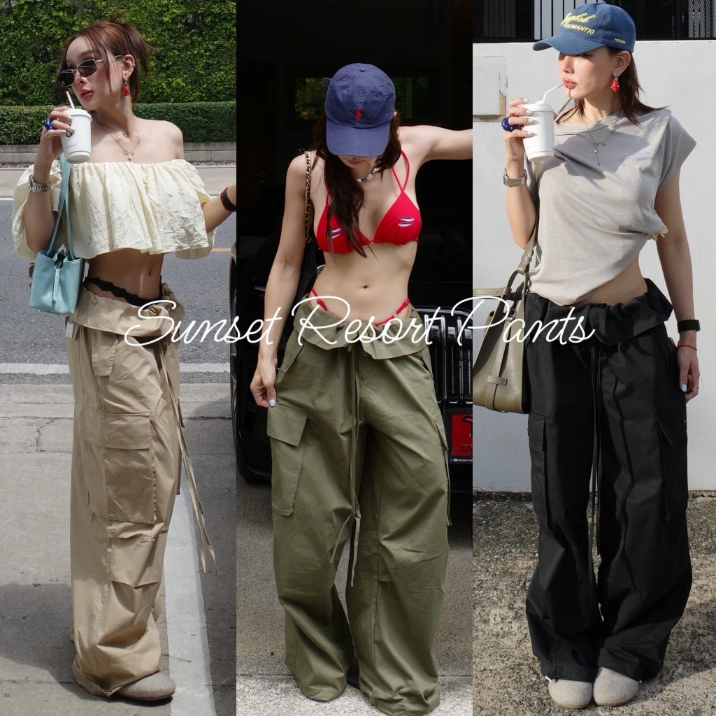 LOONNYSTORE กางเกงขายาว รุ่น Sunset Resort Pants ฟรีไซส์ขากระบอกใหญ่ทรงตรงดีไซน์พับเอวพร้อมเชือกรูด กระเป๋าข้างใช้งานได้