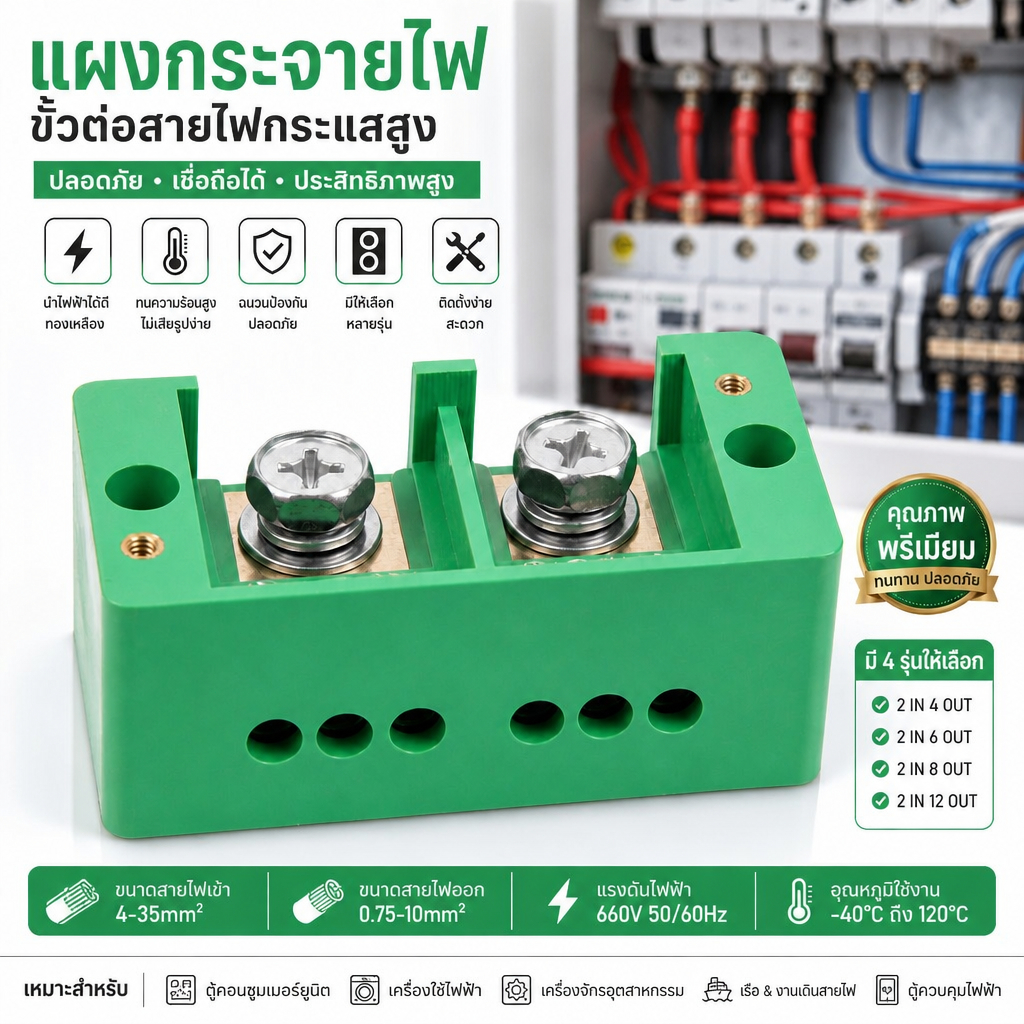 กล่องพักสายไฟ ขั้วต่อสายทองเหลืองหนา ตัวเชื่อมต่อสาขา รองรับสายหลัก 4-35mm² สายออก 0.75-10mm² แรงดัน 660V ทนอุณหภูมิสูง