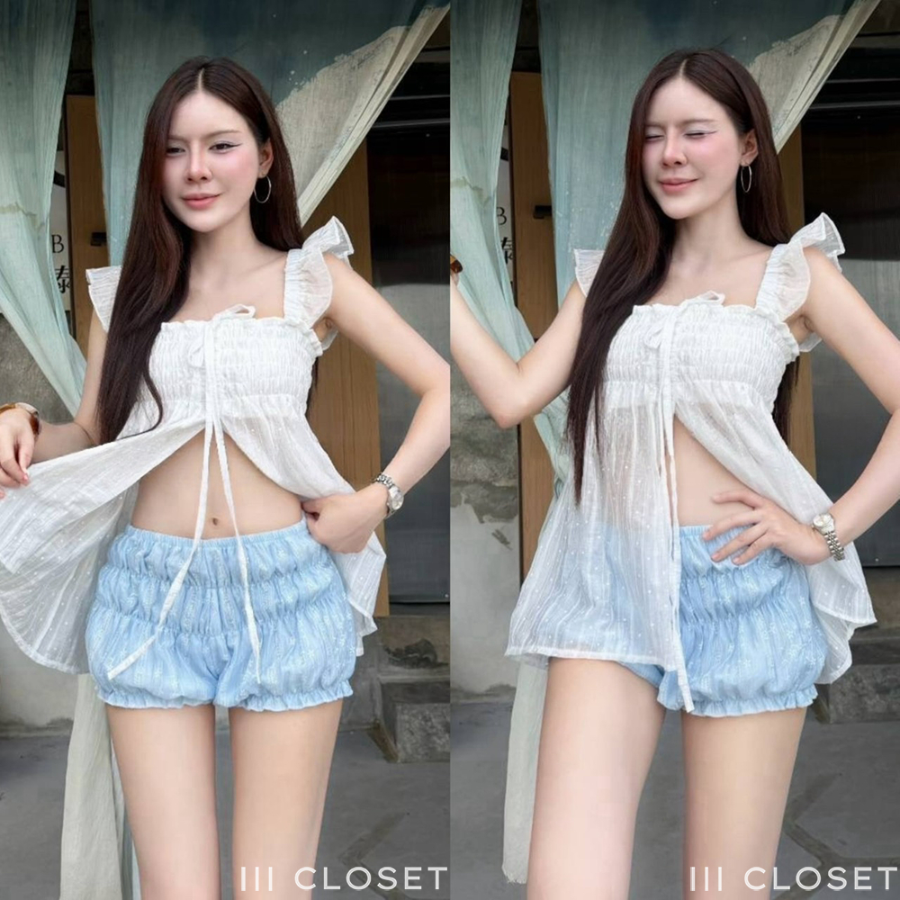 กางเกงขาสั้น lll Freesize lll BA138 สม็อกรอบตัว ทอลายดอก ทรงบอลลูน ปลายขาจั๊มระบาย เนื้อผ้าเยื่อไผ่ทอลายดอกอย่างดี