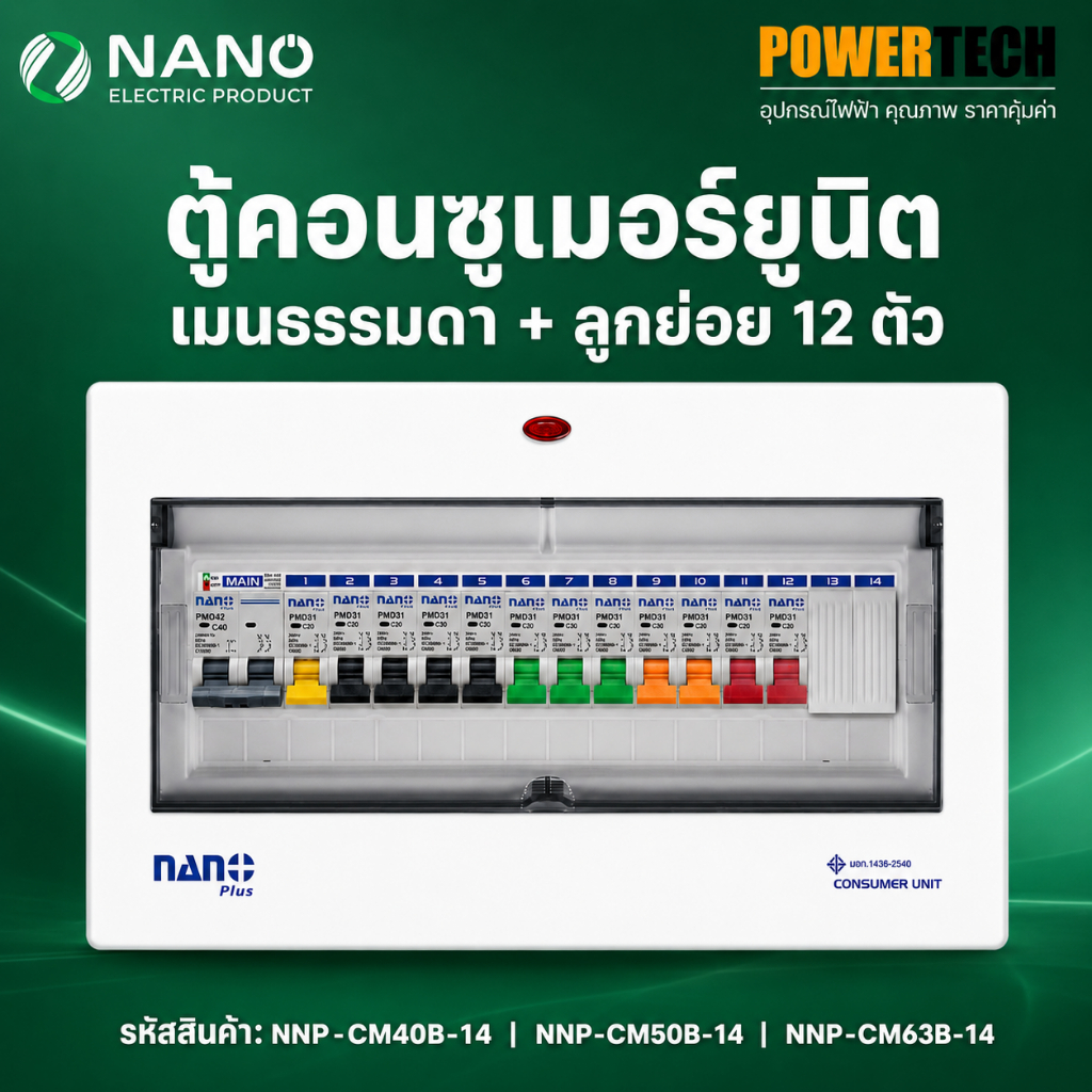 ตู้คอนซูมเมอร์ ยูนิต NANO PLUS เมน+ 14ช่อง (พร้อมMCB 40A,50A,63A+ลูกย่อย12ลูก)