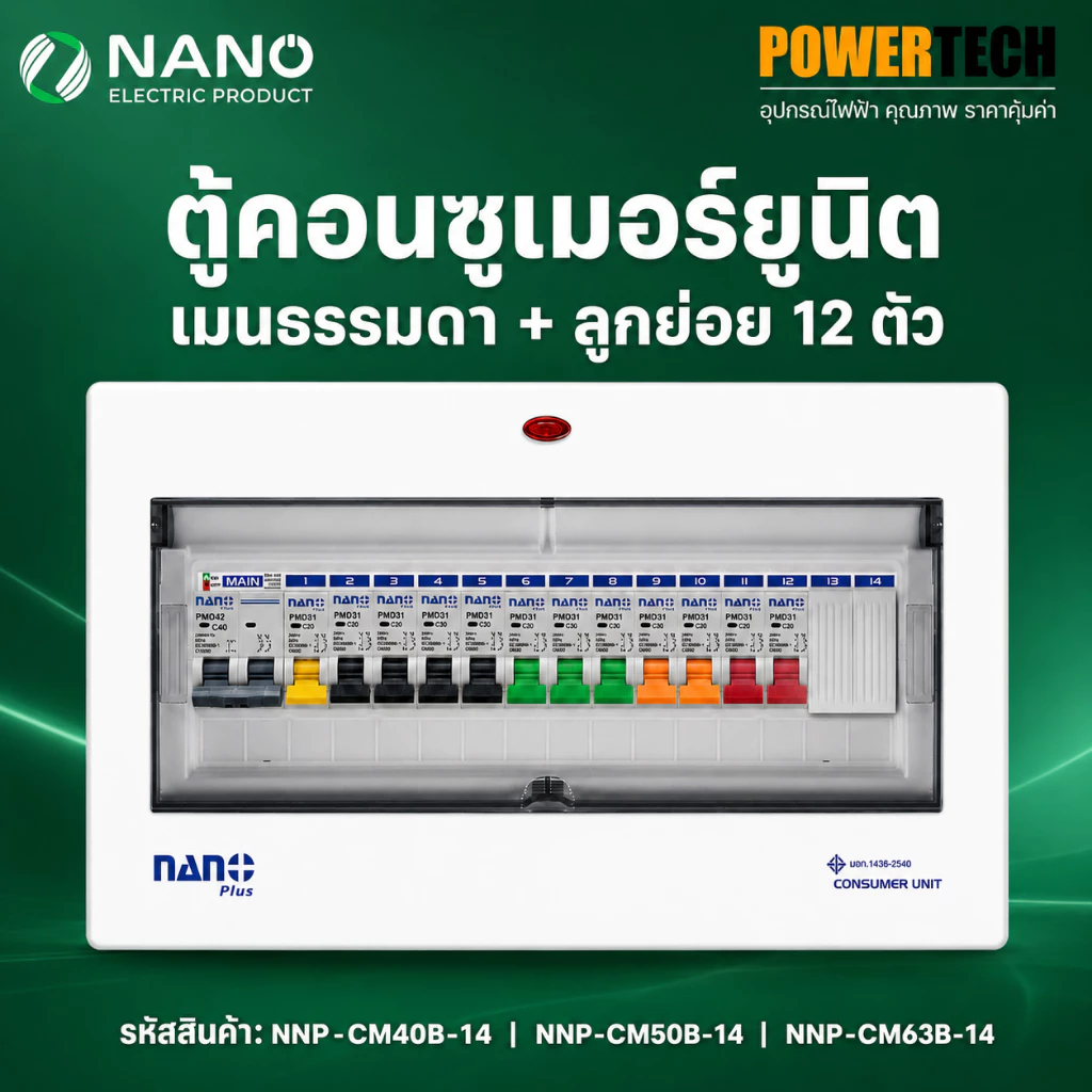 ตู้คอนซูมเมอร์ ยูนิต NANO PLUS เมน+ 14ช่อง (พร้อมMCB 40A,50A,63A+ลูกย่อย12ลูก)