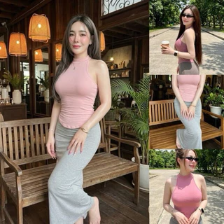 COZE-450-เซ็ต2ชิ้นคอเต่าแขนกุดเสื้อตัวยาวเว้าเอว+กระโปรงทรงยาวหางปลา