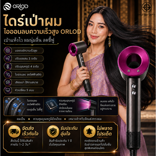 ไดร์เป่าผมความเร็วสูง ไอออนลบ มอเตอร์ไร้แปรง แห้งเร็ว ไดร์เป่าผม ป้องกันความร้อน หลายหัวเป่าลม ของแ ไอออนลบ