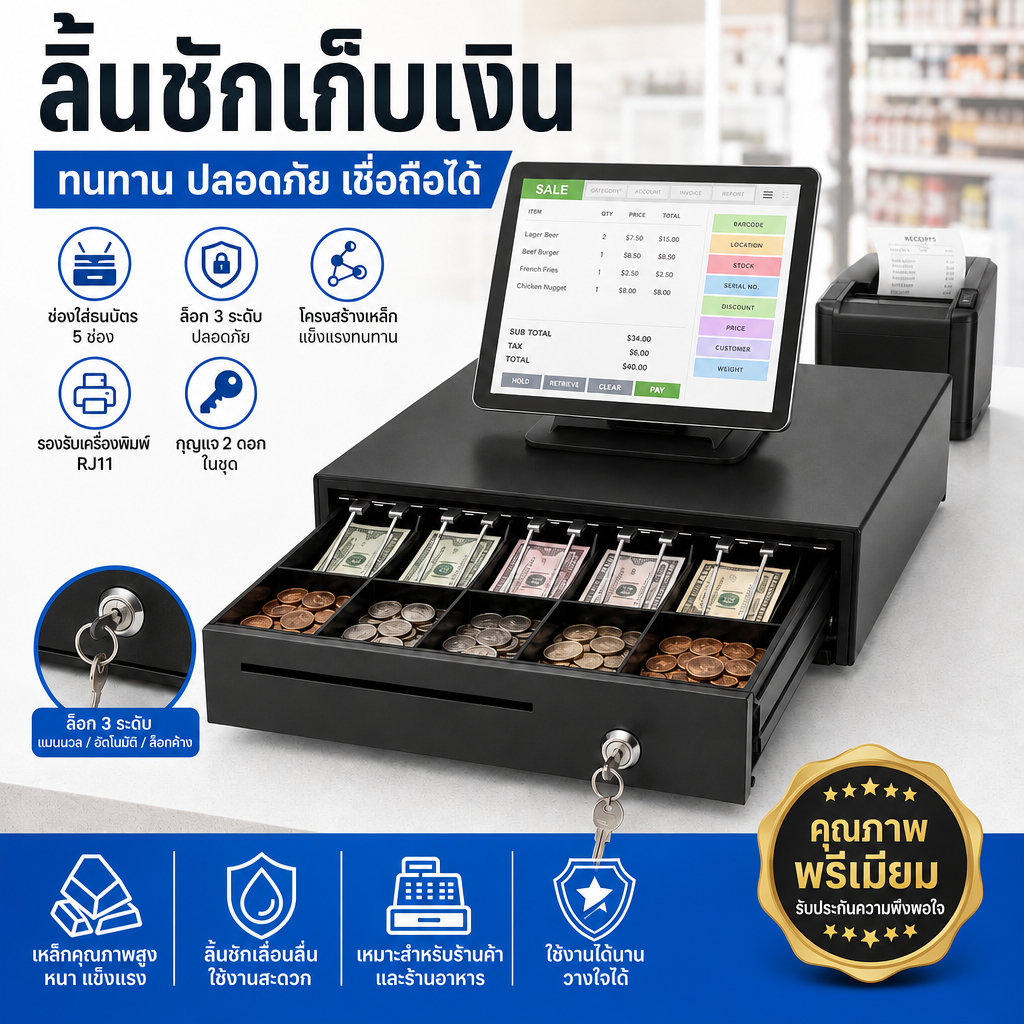 ลิ้นชักเก็บเงิน ลิ้นชักใส่เงิน รองรับธนบัตรไทย กล่องเงินสด Cash Drawer POS โอชา