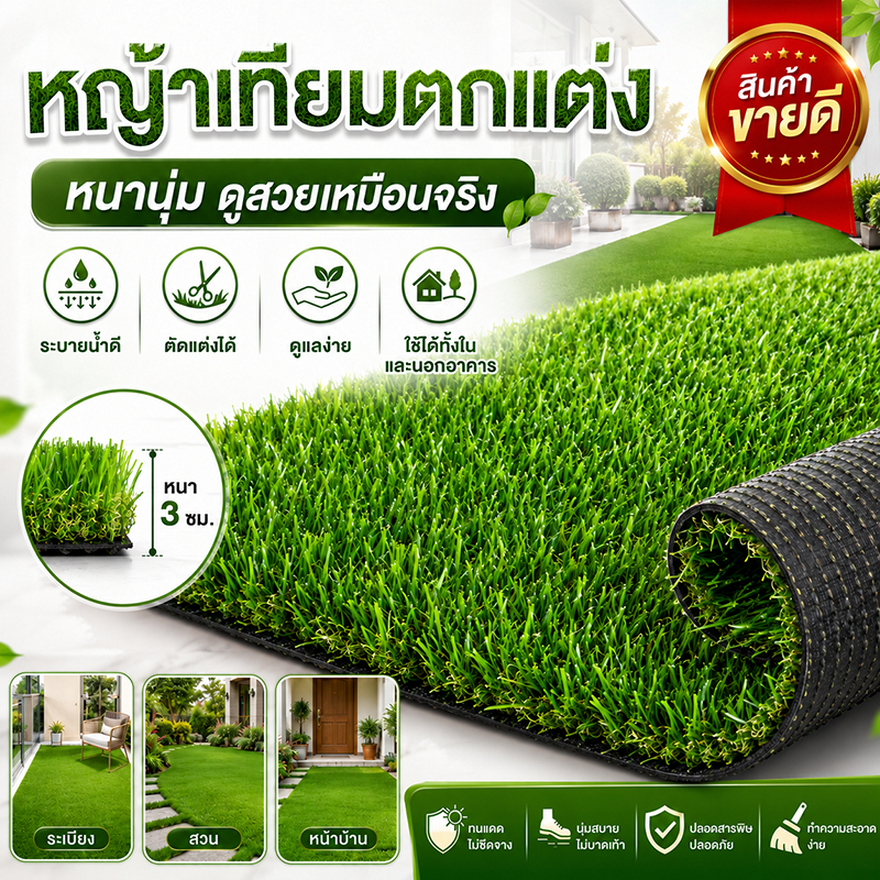 หญ้าเทียมหลายขนาด แบบหนาพิเศษและความหนาแน่นสูง พรมหญ้าเทียมสำหรับกลางแจ้ง ระบายน้ำได้ สามารถตัดตามขนาดได้