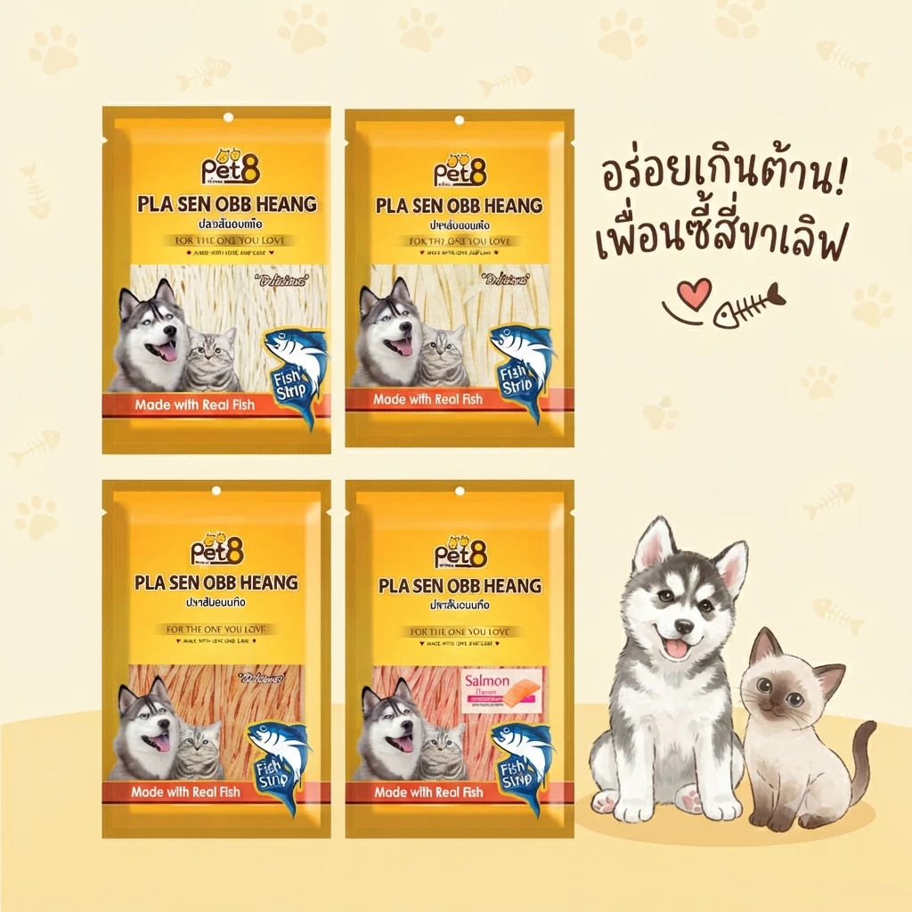 ปลาเส้น สำหรับสุนัขและแมว Pet8 sasami jerky 150g ใหม่ สด อร่อยมีโปรตีน ไม่มีFat พร้อมส่ง