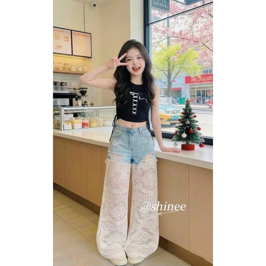 พร้อมส่งในไทย เซ็ตเสื้อ กางเกงยีนส์แต่งฉลุ