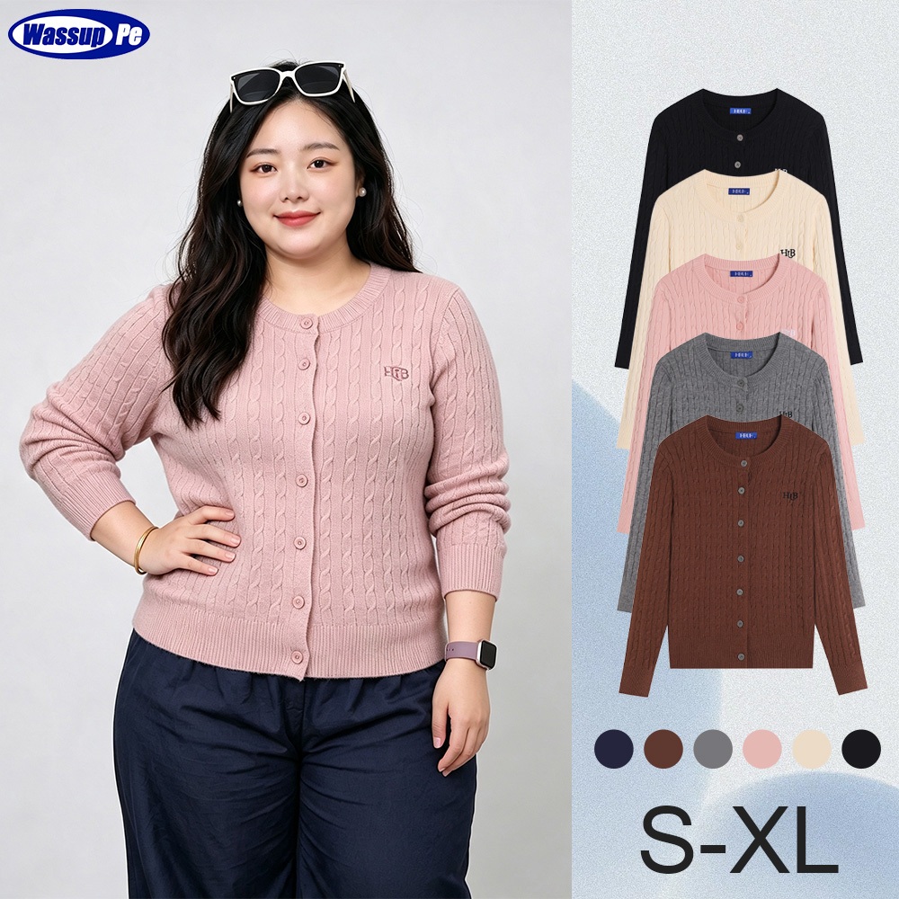 เสื้อคาร์ดิแกนไหมพรมผู้หญิงไซส์ใหญ่ ลายถักเกลียว สไตล์เกาหลี คอกลม เป็นเสื้อคลุมที่ใส่ได้หลากหลายโอกาส S-XL