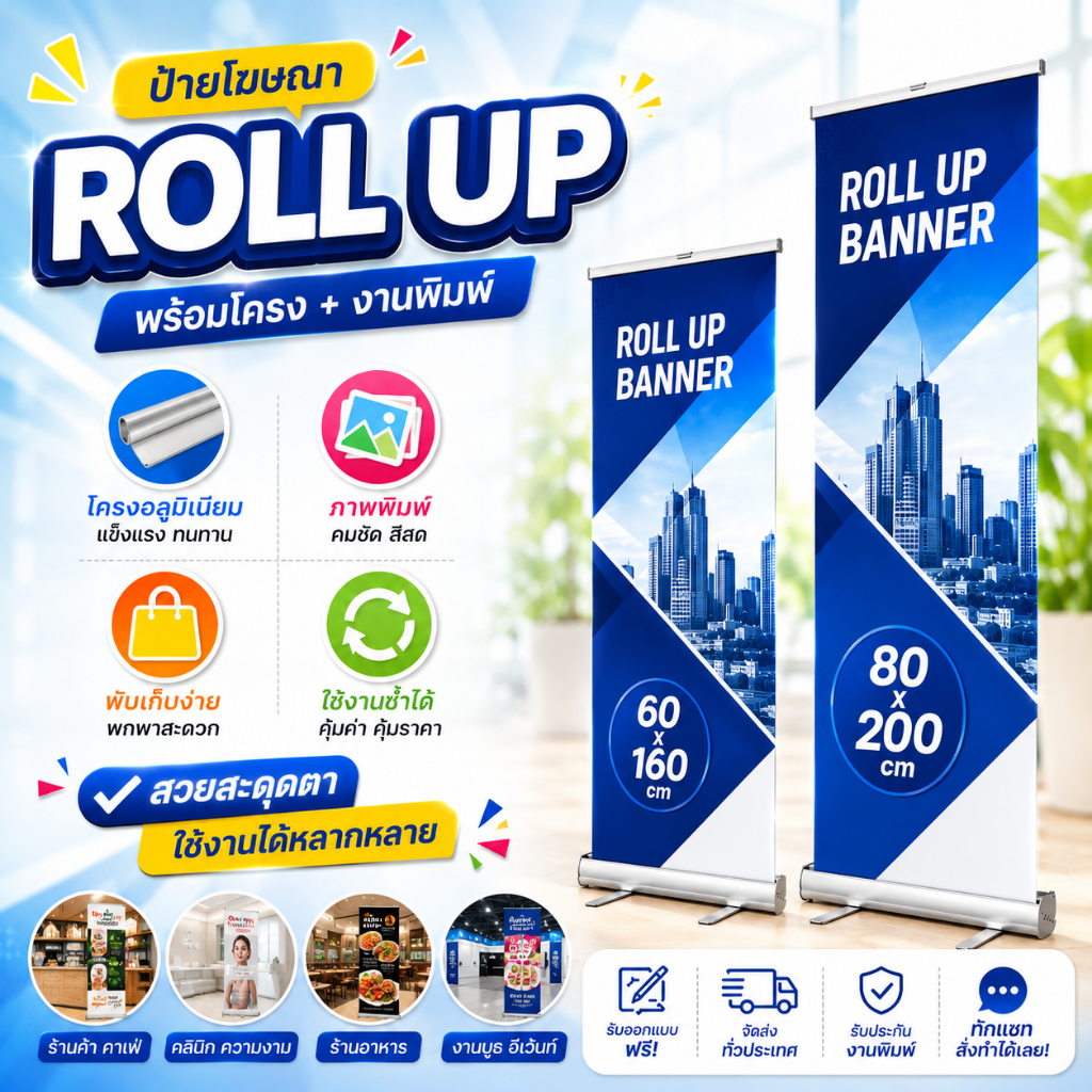 โรลอัพ Roll Up Banner พร้อมพิมพ์ พร้อมโครงอลูมิเนียม 60x160 / 80x200 cm ป้ายออกบูธ ป้ายโฆษณา พับเก็บ