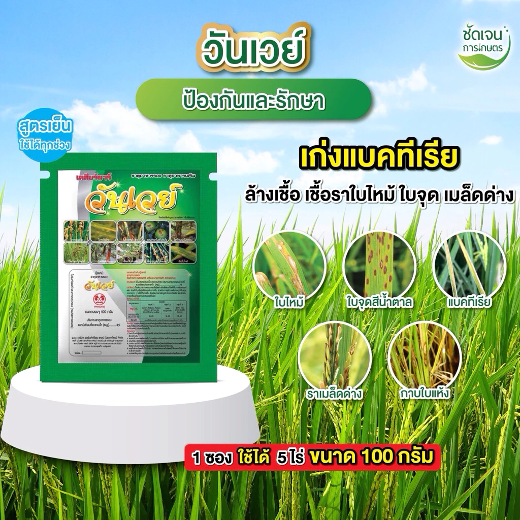 วันเวย์ 100g. ป้องกันกำจัดโรคพืชที่เกิดจากเชื้อรา ไวรัส และเเบคทีเรีย สูตรพิเศษยาเย็น 1 ซอง 5 ไร่