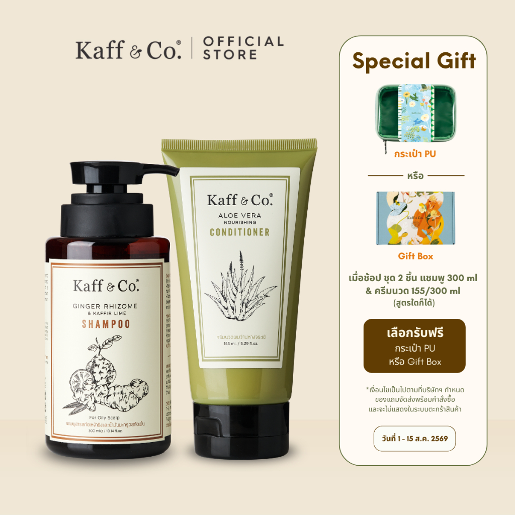 Kaff & Co. MUST HAVE SET ชุดคู่ดูแลผมร่วง "โคนมัน ปลายแห้งเสีย" แชมพูสารสกัดเหง้าขิง & ครีมนวดว่านหางจระเข้