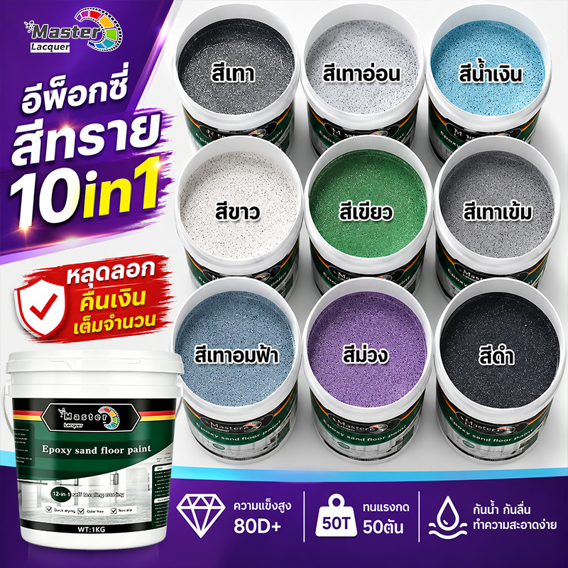 [LacquerMaster] สีพื้นอีพ็อกซี่ทรายสี 1kg/5kg ทาพื้นปูน กันน้ำ ทนทาน10ปี ไม่ลอก ไม่ร้าว เป็นมิตรสิ่งแวดล้อม ปรับระดับเอง