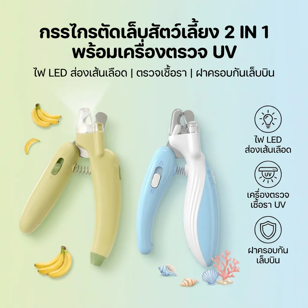 กรรไกรตัดเล็บสัตว์เลี้ยง พร้อมไฟ LED ปลอกสีใสป้อง กันเศษเล็บกระเด็น ปรับระดับได้ เหมาะสำหรับทั้งแมวและสุนัข