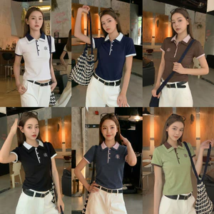 B&R พร้อมส่ง เสื้อโปโลแขนสั้นผู้หญิงแบบสีตัดกัน เสื้อเชิ้ตคอปกเข้ารูป ตกแต่งด้วยกระดุม ขนาด S-4XL