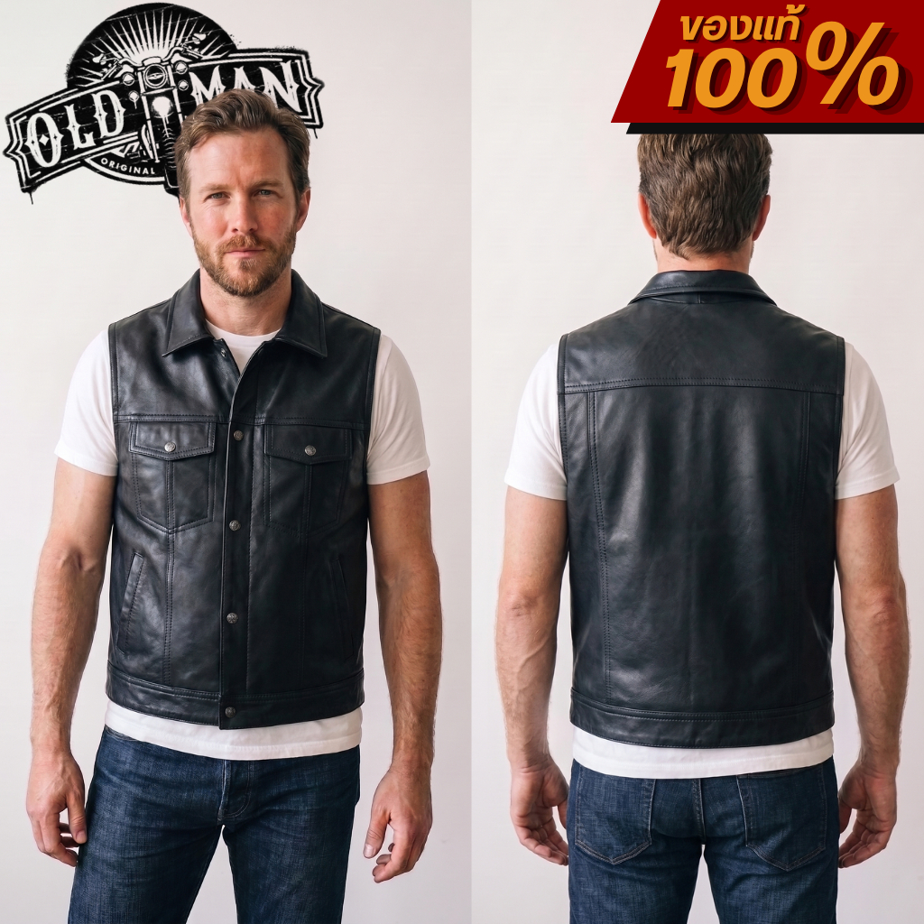 เสื้อกั๊กหนังรุ่น Oldman Vest 404 สีดำ แบรนด์ Oldman แท้100%  หนังแกะแท้ เสื้อกั๊กขับมอเตอร์ไซค์