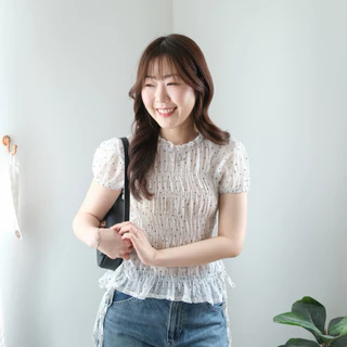 (ผ้าลายใหม่)Wendy top🌬️Chakiya.store❣️เสื้อคอกลม สม็อคช่วงตัว แต่งโบว์ผูกช่วงเอว