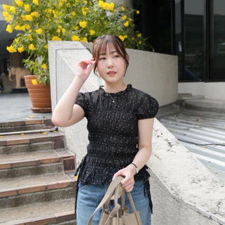 (ผ้าลายใหม่)Wendy top🌬️Chakiya.store❣️เสื้อคอกลม สม็อคช่วงตัว แต่งโบว์ผูกช่วงเอว