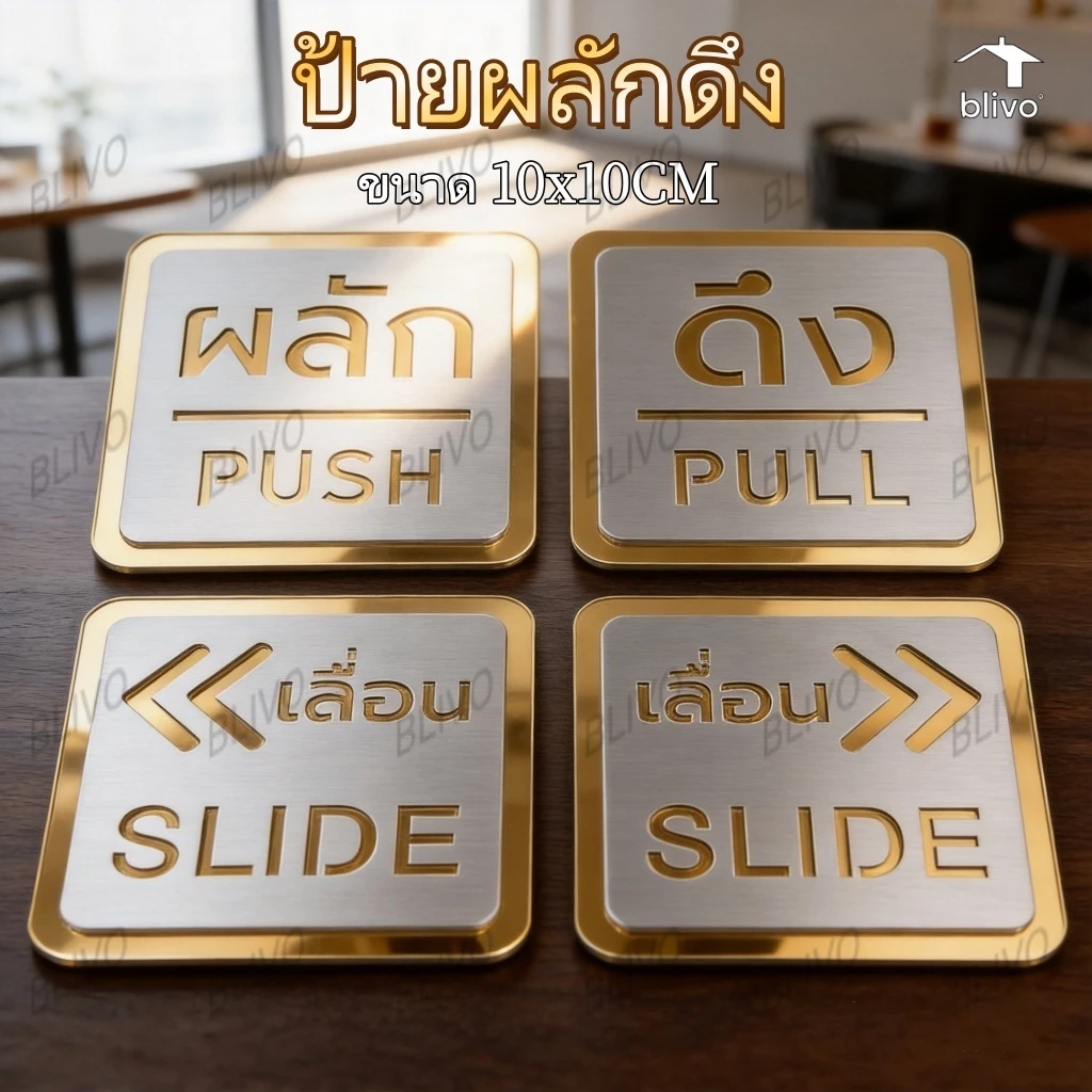 BLIVO ป้ายผลักดึง ป้ายเลื่อน มีผลสามมิติ กาวสองหน้าด้านหลัง ป้ายผลัก ป้ายดึง ขนาด 10x10CM