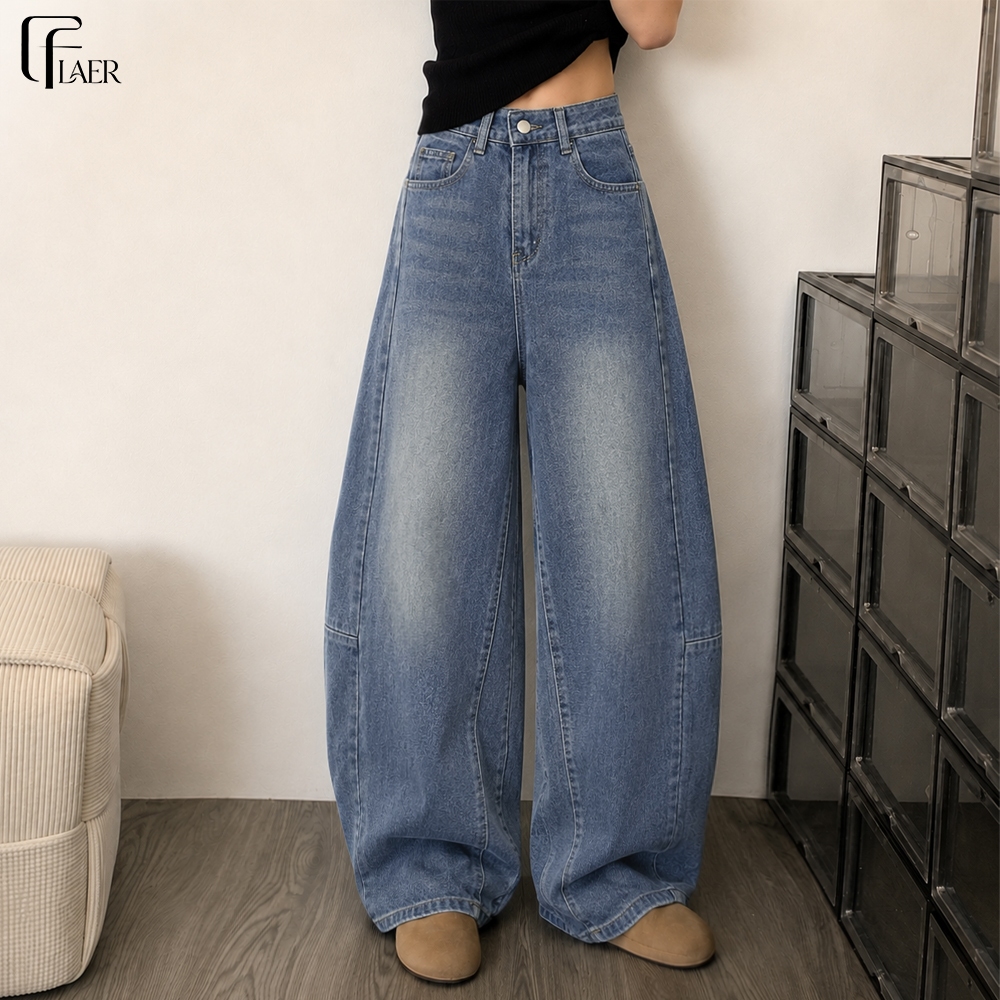 FLAER Denim Studio ส่งจากไทย กางเกงยีนส์ผู้หญิงเอวสูง ทรงบานาน่า ขากว้าง สีฟอกวินเทจ ทรงหลวม พรางสะโพก ดูขายาว