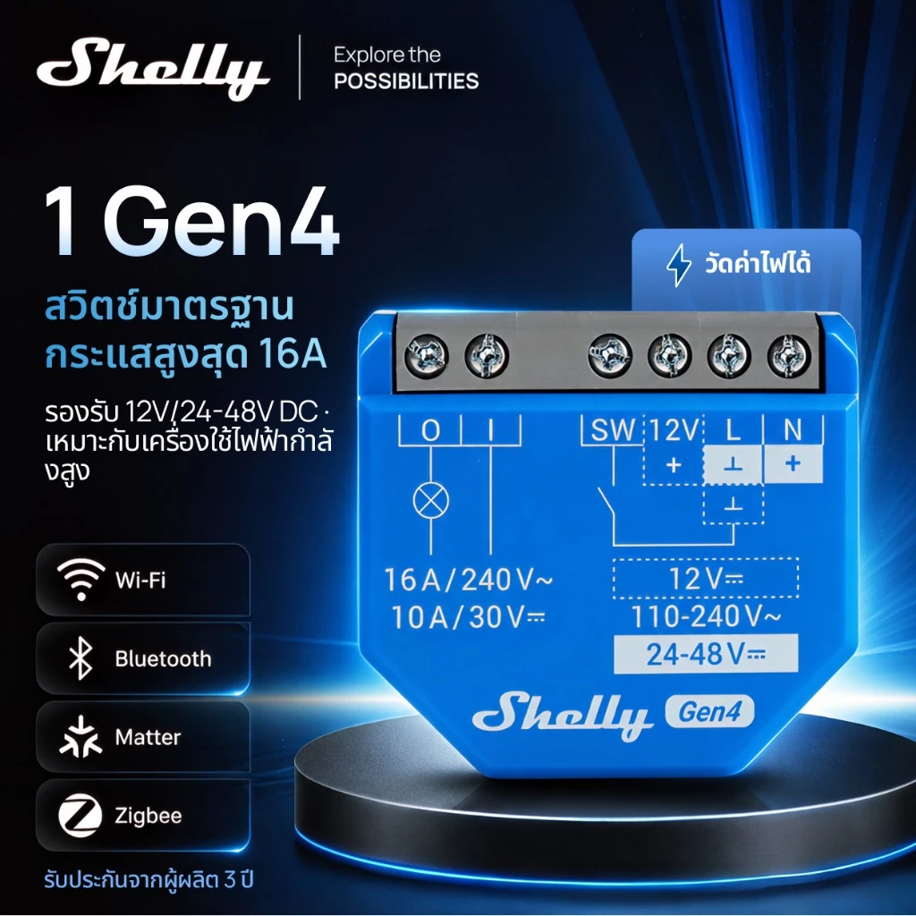 Shelly 1 Gen4 สวิตช์ไฟ 24-48VDC สวิตช์ไฟ สวิตช์ไฟ wifi 1 ช่อง 16A ควบคุมประตู ปั๊มน้ำ ไฟ ใช้กับ Home Assistant