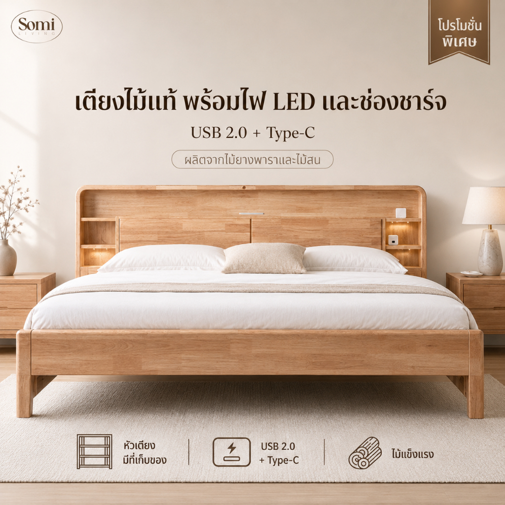 Somiliving เตียงคู่ 5ฟุต/6ฟุต. ไม้ยางพารา+ไม้สน ปรับสูงได้ พนักพิงเก็บของ มี USB ชาร์จ+ไฟกลางคืนอัจฉริยะ สไตล์นอร์ดิก