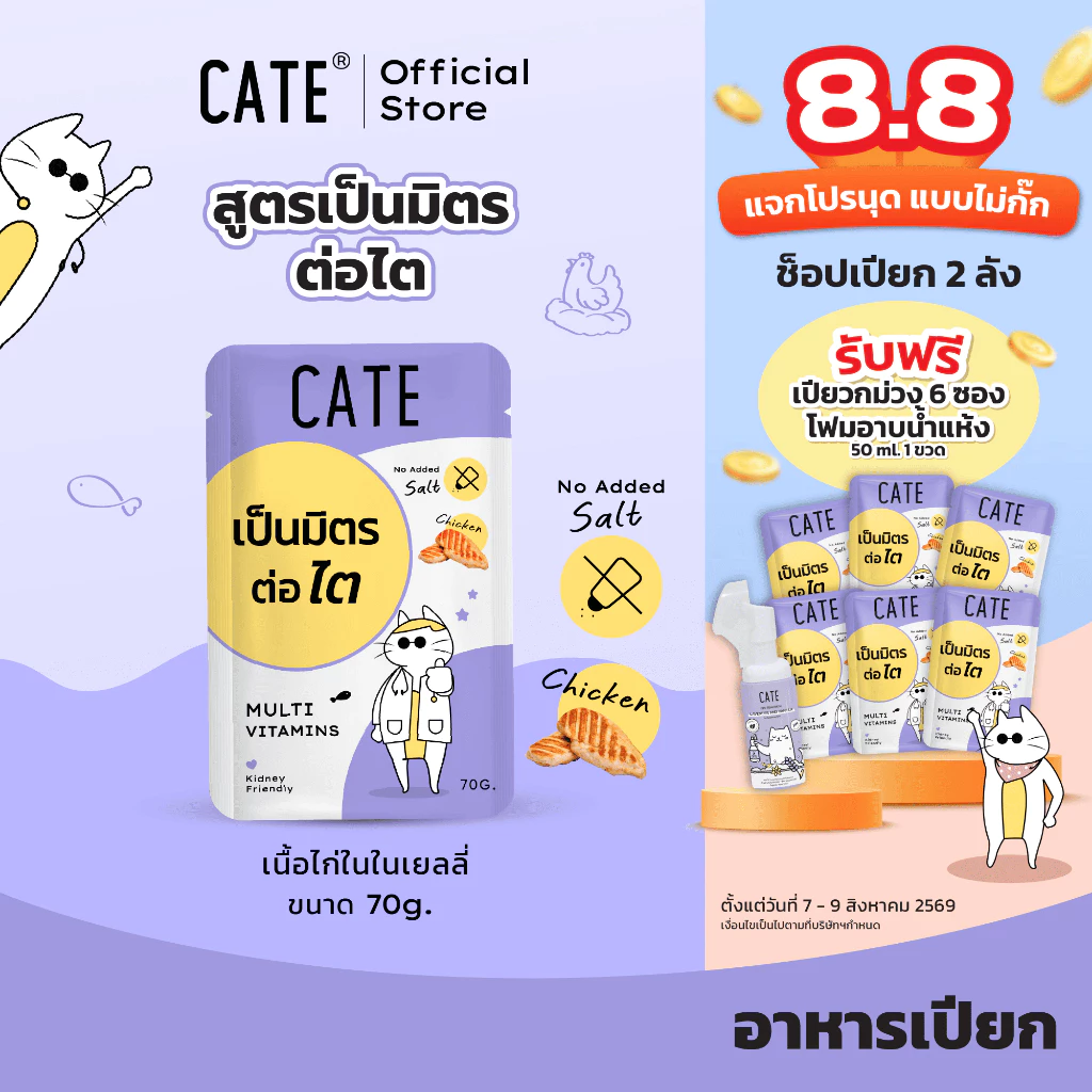 ยกโหล (12 ซอง) CATE เคท อาหารเปียกแมว สูตรเป็นมิตรต่อไต 70 g. อาหารเปียกแมวไม่ทำร้ายไต