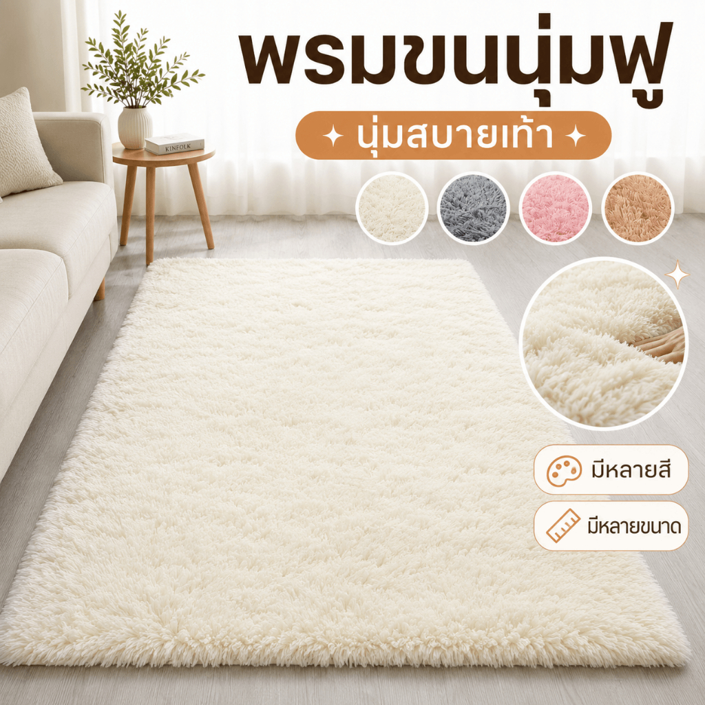 พรมปูพื้นขนสั้นนุ่ม กันลื่น ซักได้ สำหรับห้องนอน ห้องนั่งเล่น หลายสีหลายขนาด