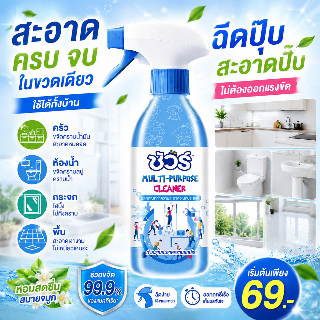 SURE สเปรย์ทำความสะอาดอเนกประสงค์ 350ml ขจัดคราบมัน คราบหนัก คราบฝังแน่น ใช้ได้ทุกพื้นผิว ห้องครัว ห้องน้ำ กระจก