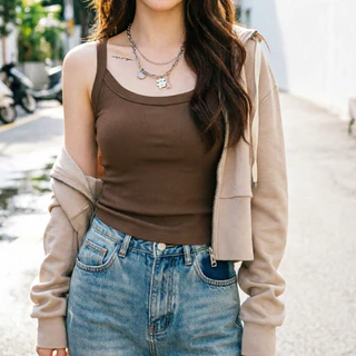 เสื้อสายเดี่ยว บราในตัว คอ U ยืดหยุ่นสูง ไม่ต้องใส่บราเพิ่ม ใส่สบาย ใส่ได้ทั้งปี