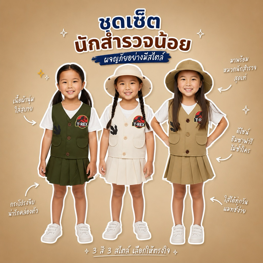 พร้อมส่ง24H🇹🇭 ชุดเดินป่าเด็กผู้หญิง ลาย T-REX ชุดซาฟารีเด็กหญิง น่ารัก ใส่สบาย