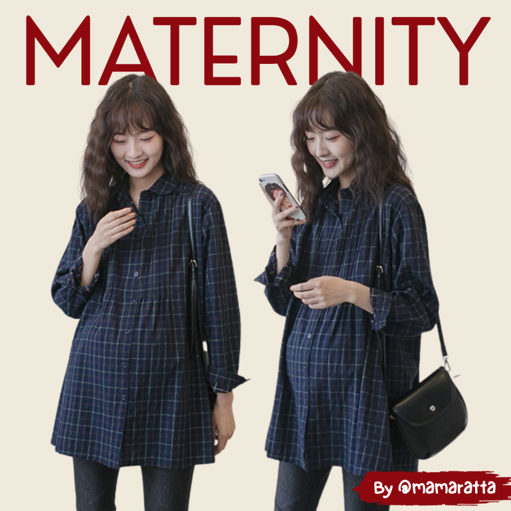 เสื้อคลุมท้อง mamaratta - เสื้อเชิ้ตโทนสีกรมลายสก็อตแบบเก๋น่ารักมากๆ โบว์ผูกถอดออกได้ ผ้าใส่สบายมาก