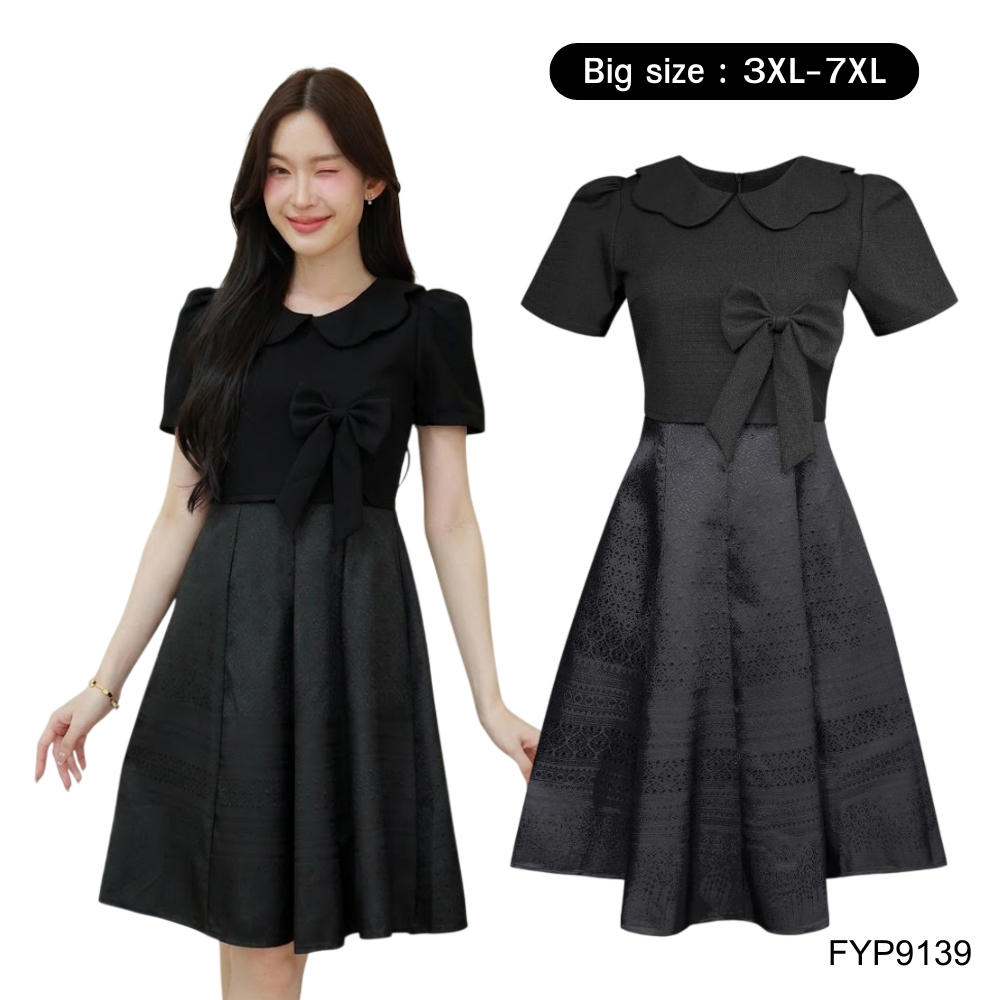 Big size : 3XL-7XL | เดรสสั้นคอปกแต่งโบว์ กระโปรงทรงบาน มีซับใน สีดำ FYP9139