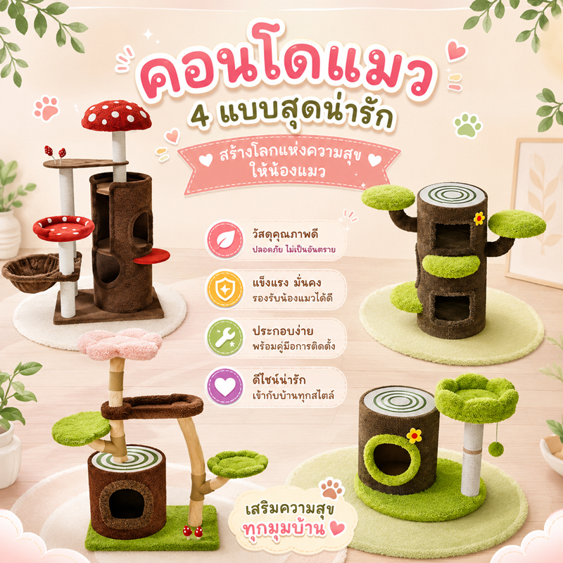 คอนโดแมว บ้านเห็ด เสาลับเล็บ ที่นอนแมว คอนโดแมว 2-3 ชั้น ของเล่นแมว บ้านแมว 4-6ตัว F2 F4 F5 F3 F8 F1