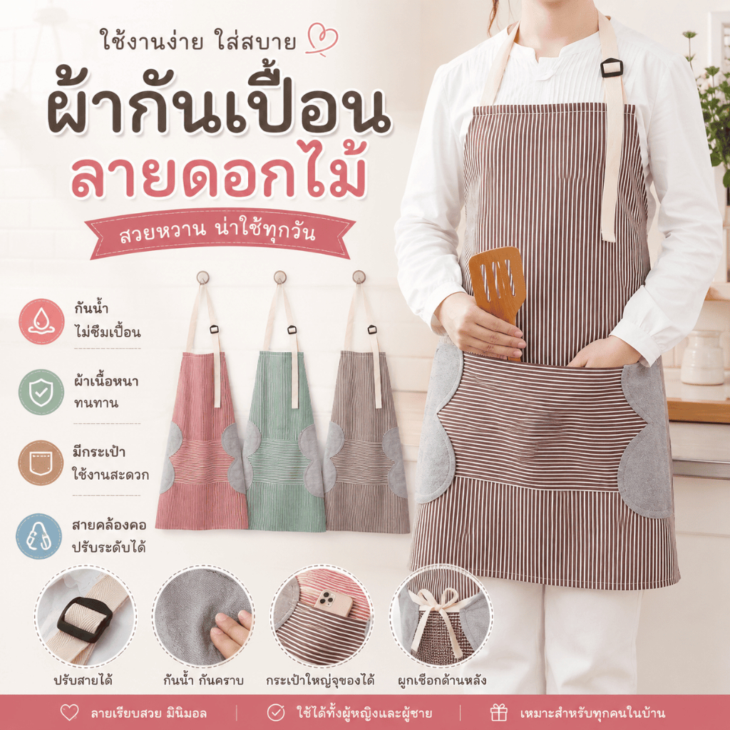 WQ-02 【ลายดอกไม้】ผ้ากันเปื้อน ลายขวาง รูปดอกไม้ ผ้าอ๊อกซ์ฟอร์ด เช็ดมือได้ กันน้ำได้ มี 3 สี