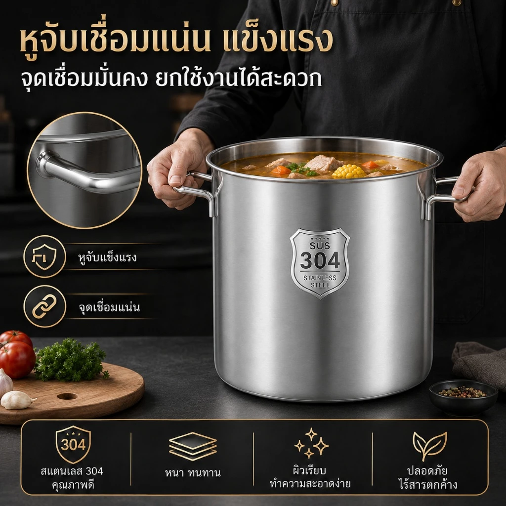 หม้อต้มน้ำซุปสแตนเลส 304 แบบหนาพิเศษ ทรงสูง ความจุใหญ่ พร้อมฝาปิด สำหรับร้านอาหารและโรงอาหาร thumbnail 6