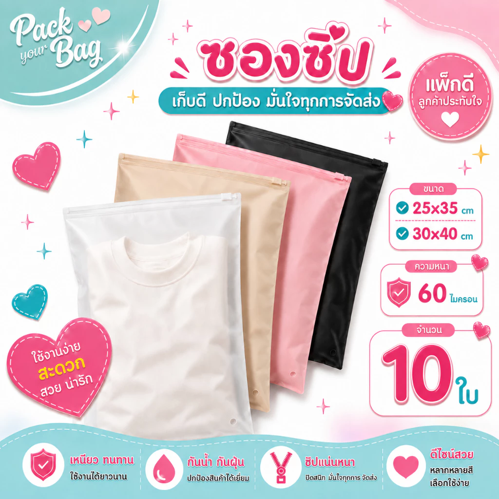 ถุงซิป (PACK 10 ใบ) ถุงอเนกประสงค์ ถุงเก็บเสื้อผ้า ซองซิปรูด เนื้อนุ่ม สำหรับแพ็คเสื้อผ้า