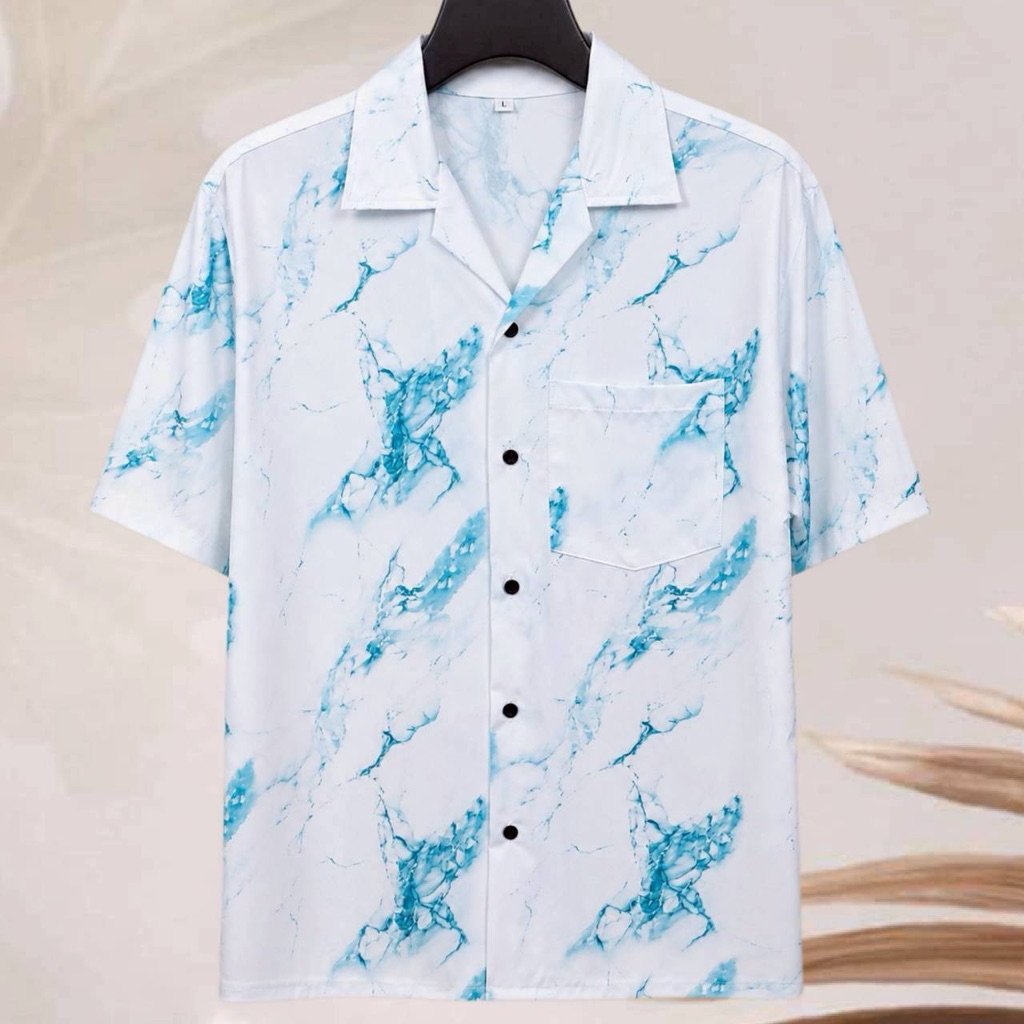 เสื้อเชิ้ตฮาวาย ลายหินอ่อนมิ้นท์ (พื้นสีขาว) ผ้าไหมอิตาลี