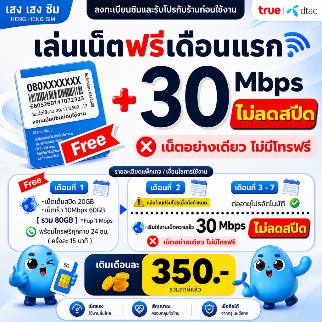 ส่งด่วน 🛵 (ฟรีเดือนแรก ลงทะเบียนก่อนใช้งาน) - ซิม DTAC TRUE เน็ตเร็ว 30 Mbps ไม่ลดสปีด ไม่จำกัด GB + โทรฟรี