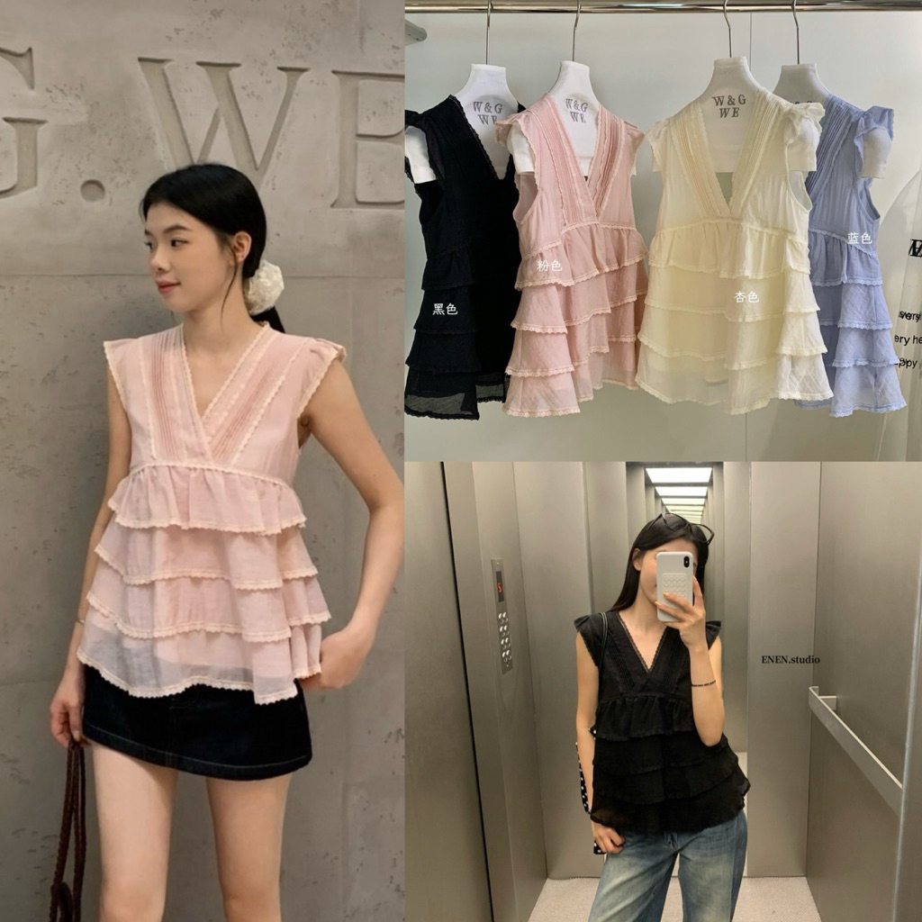 10454# เสื้อคอวี แต่งระบาย เนื้อผ้าดี มีซับใน ทรงสวย TAG:WG.WE