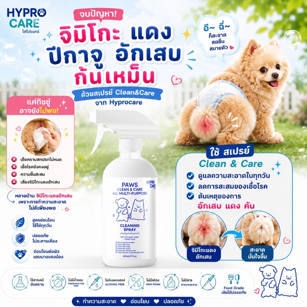 สเปรย์ทำความสะอาดตัว ก้น ฉี่ หลังขับถ่าย อุ้งเท้า เช็ดกรง ที่นอน ฆ่าเชื้อรา เชื้อโรค กำจัดกลิ่นฉี่ อึ กะบะทรายHyprocare