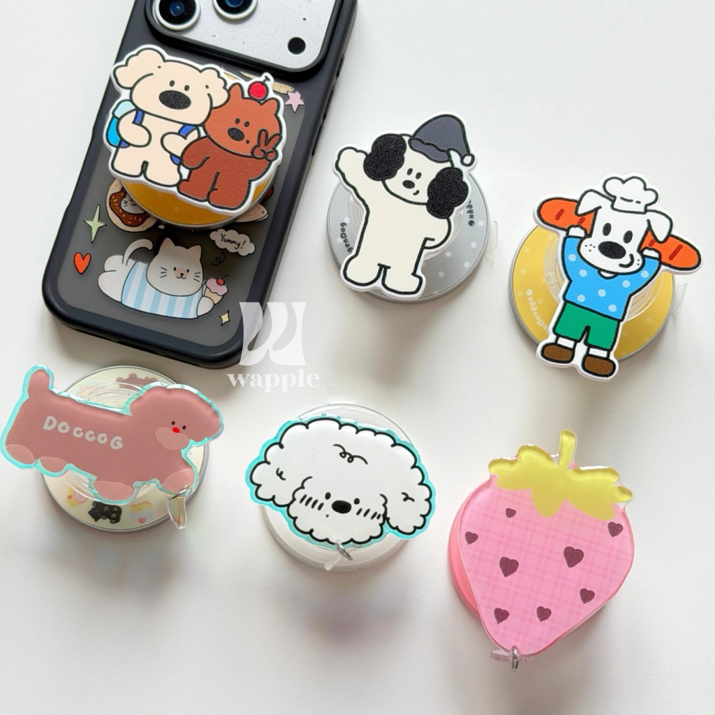 wapple-popSockets magnetic สำหรับติดเคสมือถือ griptokจับมือถือแบบแม่เหล็ก รูปการ์ตูนหน้าสัตว์เลี้ยง