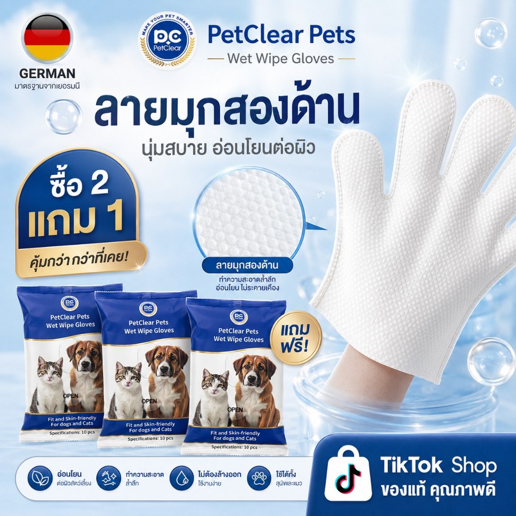 ชุดสุดคุ้ม 3 แพ็ก ถุงมือเปียก PetClear ซื้อ 2 แถม 1 รวม 30 ชิ้น สำหรับสุนัขแมว