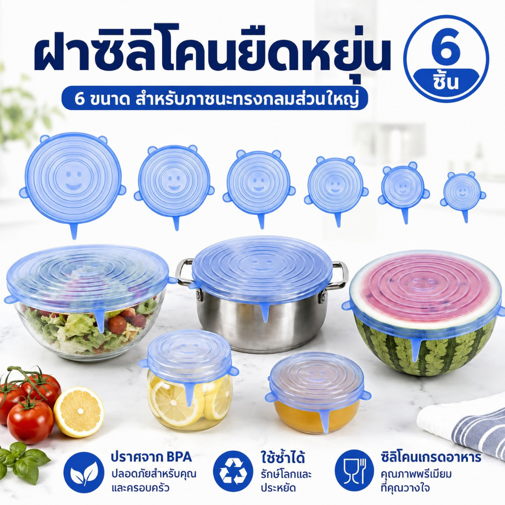 ฝาซิลิโคนครอบอาหาร 6ชิ้น ฟิล์มห่ออาหาร ฝาครอบอาหาร ฝาปิดถนอมอาหาร กันฝุ่นกันแมลง ยืดและปรับรูปทรงได้ ใช้ซ้ำได้