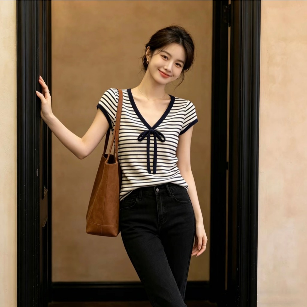 เสื้อยืดแขนสั้นสำหรับผู้หญิงสไตล์อเมริกันสุดชิคและหรูหรา โดดเด่นด้วยคอวีและดีเทลผูกโบ เป็นเสื้อลายทางขาว-ดำที่มีเอกลักษณ