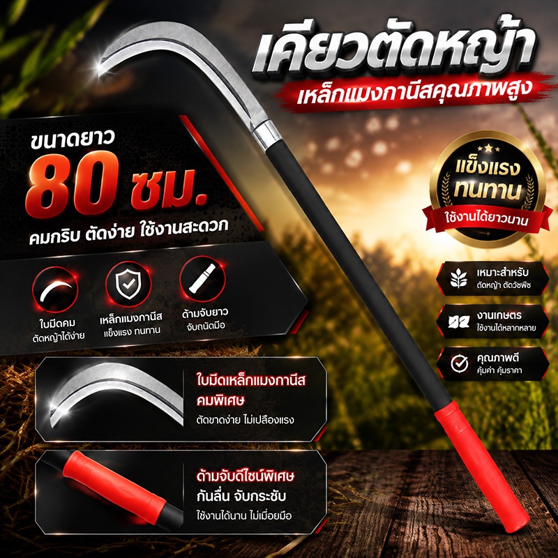 เคียวด้ามยาว 60/80cm. ใบมีดคมและทนทาน ทำจากเหล็กแมงกานีส เหมาะสำหรับงานกลางแจ้ง เช่น ตัดหญ้า เก็บเกี่ยวผลกล้วย และตัดแต่