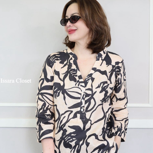 เสื้อลินินรุ่น Long Shirt #ลายปะการัง-ดำ